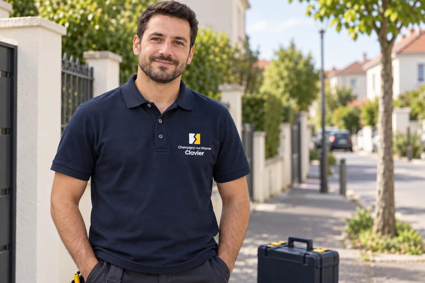 Serrurier de Champigny-sur-Marne Clavier en polo marine, mallette d'outils à ses pieds, dans une rue de Champigny-sur-Marne